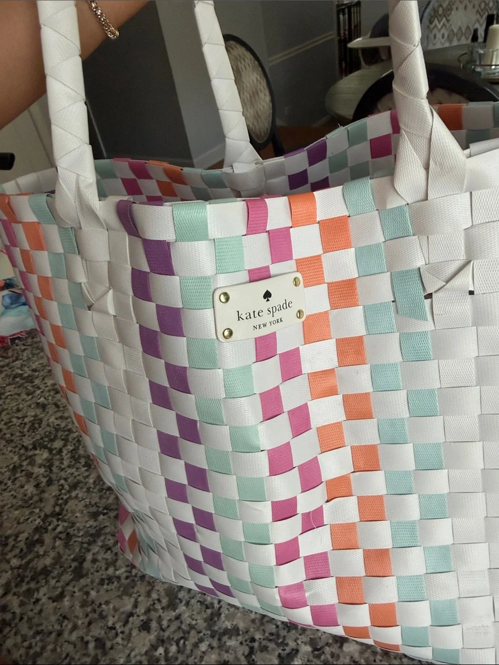 kate spade White Multicolor Woven Check Tote